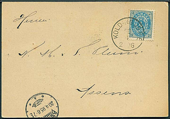 4 øre Tofarvet på tryksags brevkort annulleret med lapidar Kolding JB.P.E. d. 20.4.1895 til Assens.