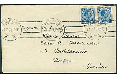 20 øre Chr. X (2) på brev fra København d. 27.2.1921 til Bilbao, Spanien.