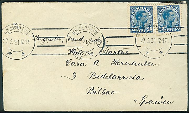 20 øre Chr. X (2) på brev fra København d. 27.2.1921 til Bilbao, Spanien.