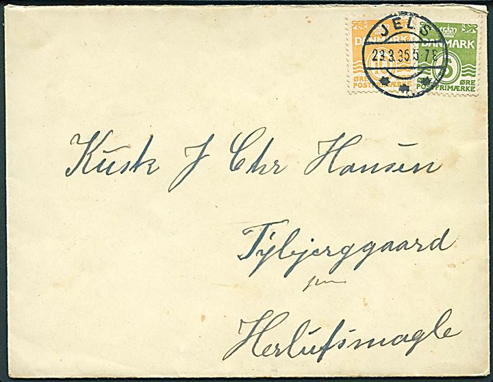 5 øre og 10 øre Bølgelinie på brev annulleret med brotype IIb Jels d. 23.3.1935 til Herlufsmagle.