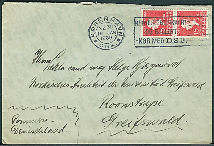 15 øre H. C. Andersen i parstykke på brev fra København d. 19.1.1936 til Greifswald, Tyskland.