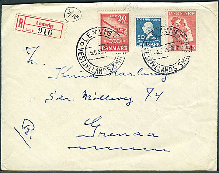 30 øre H.C.Andersen, 20 øre DDL og 20+5 øre Børneforsorg på anbefalet brev fra Lemvig d. 8.6.1953 til Grenaa.