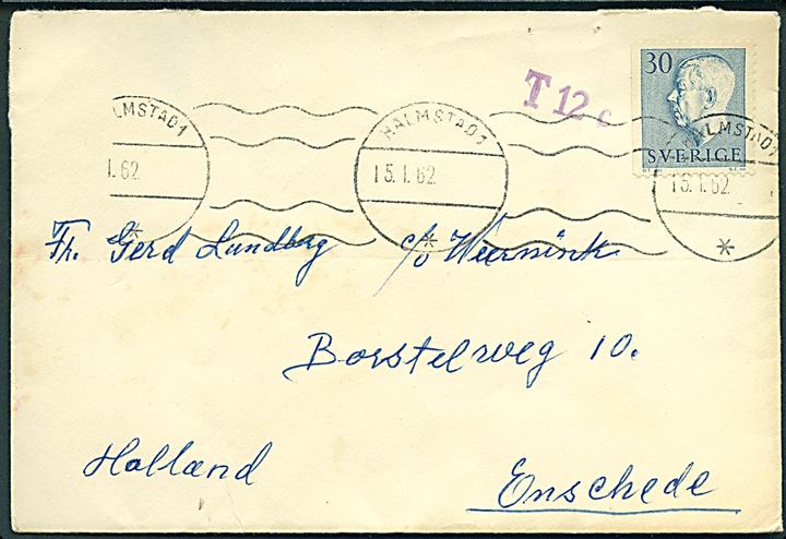 30 öre Gustaf på underfrankeret brev fra Halmstad d. 15.1.1962 til Enschede, Holland. Violet portostempel: T 12 c.