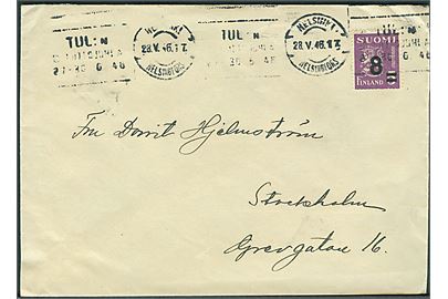 8/5 mk. Provisorium single på brev fra Helsingfors d. 28.5.1946 til Stockholm, Sverige.