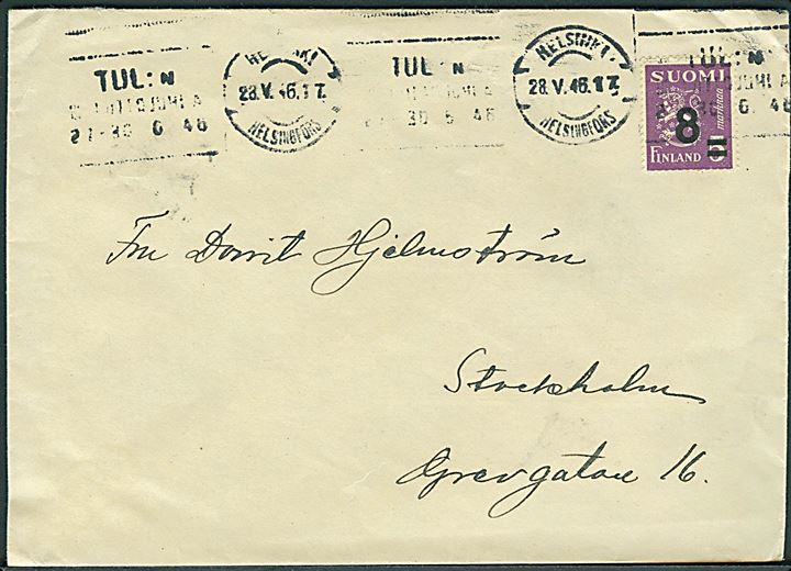 8/5 mk. Provisorium single på brev fra Helsingfors d. 28.5.1946 til Stockholm, Sverige.