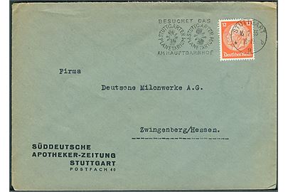 12 pfg. Hindenburg orange single på brev fra Stuttgart d. 16.2.1933 til Zwingenberg.