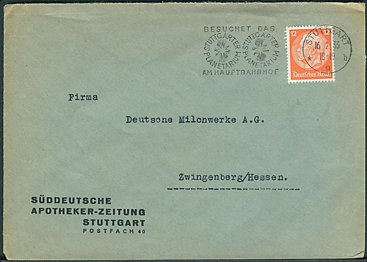 12 pfg. Hindenburg orange single på brev fra Stuttgart d. 16.2.1933 til Zwingenberg.
