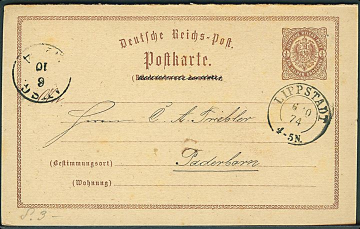 ½ gr. spørgedel af dobbelt helsagsbrevkort fra Lippstadt d. 6.10.1874 til Paderborn.