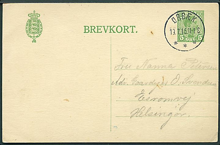 5 øre Chr. X helsagsbrevkort annulleret med brotype IIIb Ørbæk d. 19.7.1916 til Helsingør.