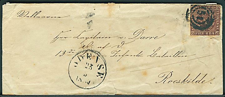 4 R.B.S. Thiele II rødbrun på brev annulleret med nr.stempel 51 og sidestemplet antiqua Odense d. 25.5.1854 til 13de Linie Infanteri Bataillon i Roskilde.