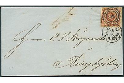 4 sk. stukken kant på brev fra Kjøbenhavn annulleret med kombineret nr.stempel 181/SK.JB.P.SP.B. d. 15.8.1863 til Ringkjøbing. Ank.stemplet d. 16.8.1863.