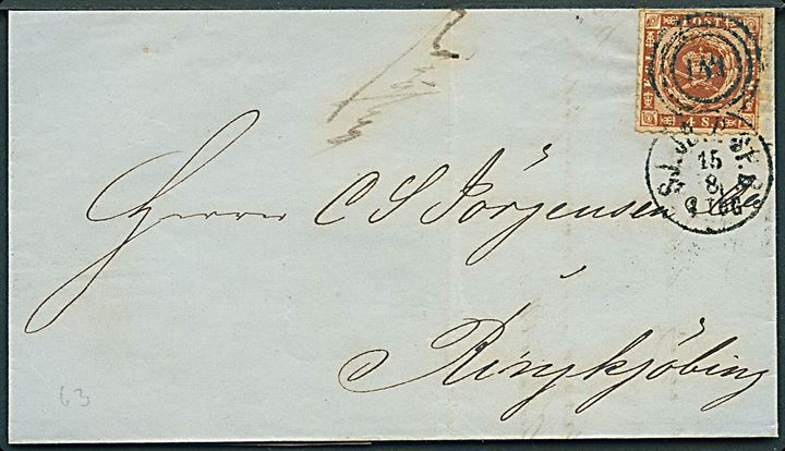 4 sk. stukken kant på brev fra Kjøbenhavn annulleret med kombineret nr.stempel 181/SK.JB.P.SP.B. d. 15.8.1863 til Ringkjøbing. Ank.stemplet d. 16.8.1863.