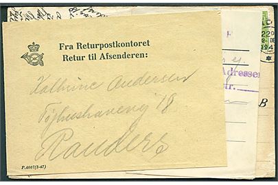 15 øre Chr. X og Julemærke 1947 på julekort fra Randers d. 22.12.1947 til København. Ubekendt efter adresse og returneret via Returpostkontoret med vignet P.4007 (3-47).