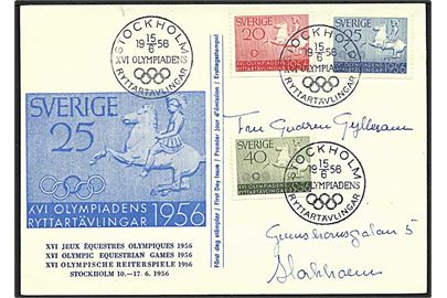 Komplet sæt Olympisk Riddekonkurrence på illustreret FDC brevkort stemplet Stockholm d. 15.6.1956.