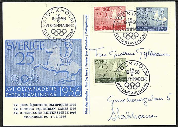 Komplet sæt Olympisk Riddekonkurrence på illustreret FDC brevkort stemplet Stockholm d. 15.6.1956.