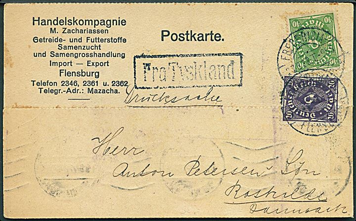 20 mk. og 40 mk. på infla brevkort fra Flensburg annulleret med dansk bureaustempel Fredericia - Flensborg sn6 T.955 d. 27.3.1922 og sidestemplet Fra Tyskland til Roskilde.