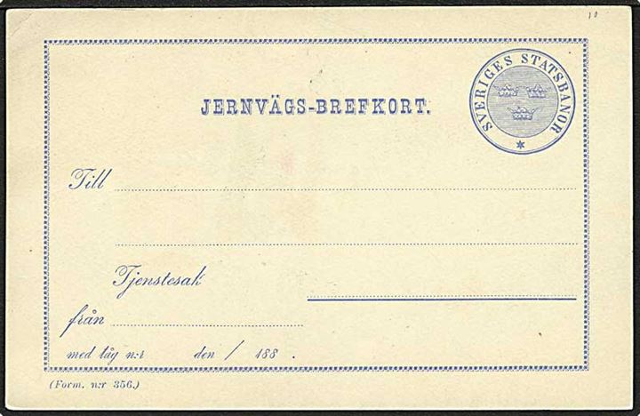 Sveriges Statsbanor Jernvägs-brefkort (Form. n:r 356) fra 1880'erne. Ubrugt. 