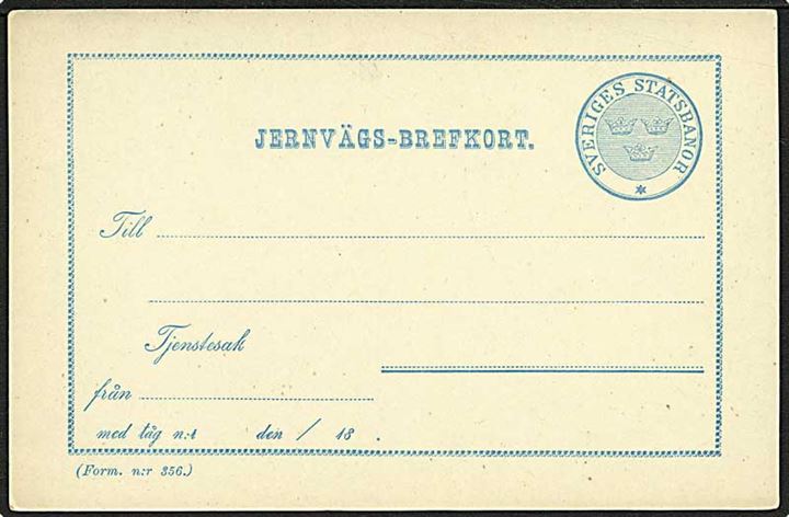 Sveriges Statsbanor Jernvägs-brefkort (Form. n:r 356) ca. 1880'erne. Ubrugt. 