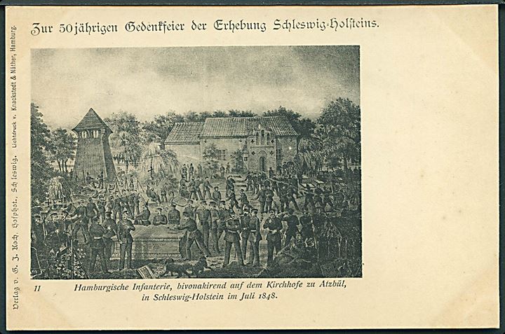 Krigen 1848. Jubilæumskort med Hamburgske Infanteri i Atzbül i Juli 1848. J. Koch no. 11.