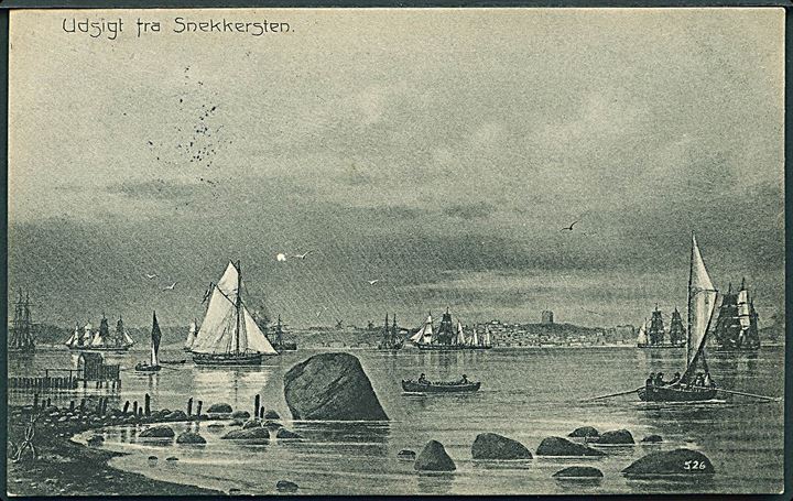 Snekkersten med udsigt over Øresund med sejlskibe efter gammelt kobberstik. J. M. no. 208.