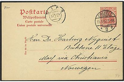 10 pfg. Germania helsagsbrevkort fra Crefeld d. 15.5.1907 til Moss, Norge.