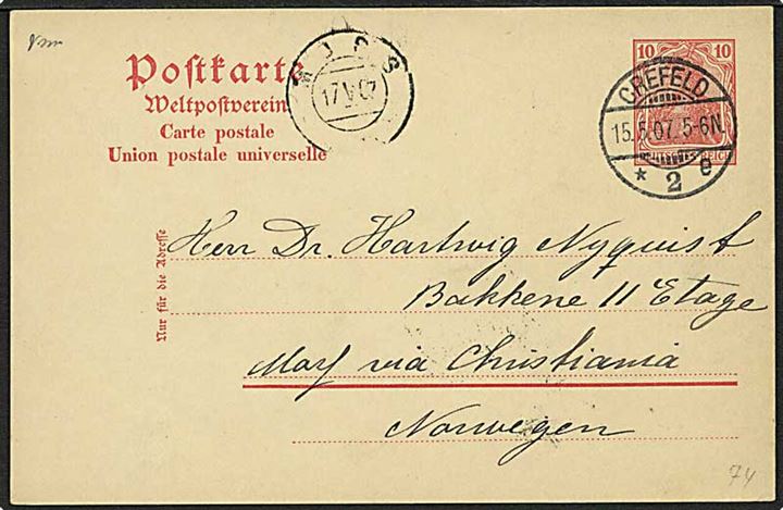 10 pfg. Germania helsagsbrevkort fra Crefeld d. 15.5.1907 til Moss, Norge.
