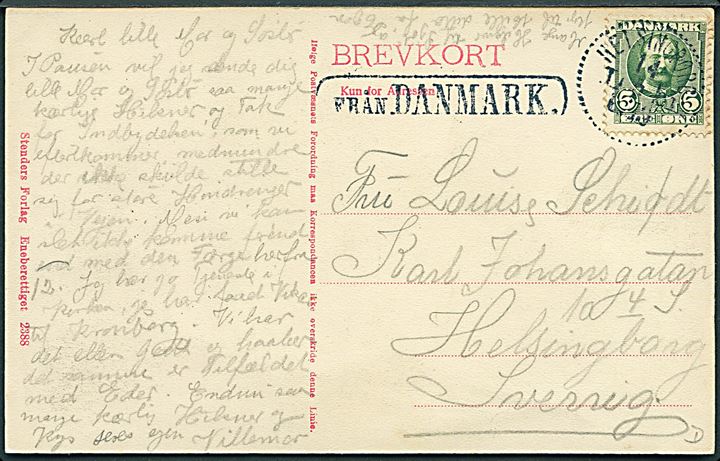 Strandgade i Helsingør. Stenders no. 2388. Frankeret med 5 øre Fr. VIII annulleret med svensk stempel i Helsingborg d. 14.9.1909 og sidestemplet Från Danmark til Helsingborg, Sverige.