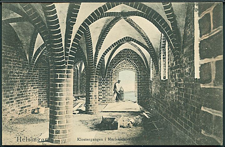 Klostergangen i Mariekloster, Helsingør. Peter Alstrups no. 862. Frankeret med 5 øre Fr. VIII annulleret med svensk stempel i Helsingborg d. 22.7.1908 til Helsingborg, Sverige.