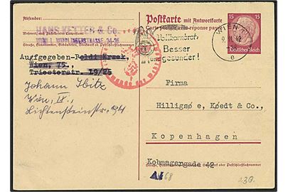 15 pfg. Hindenburg spørgedel af dobbelt helsagsbrevkort fra Wien d. 9.11.1942 til København, Danmark. Passér stemplet ved den tyske censur i Hamburg.