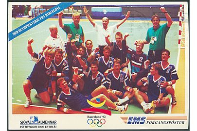 Det islandske herre håndboldlandshold ved OL i Barcelone 1992. På bagsiden faksimile autografer af alle spillerne. 