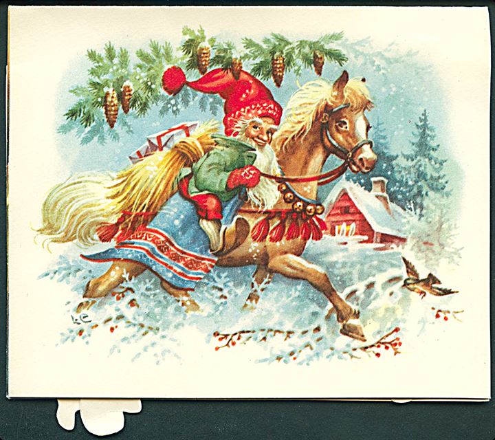 Lars Carlsson. Nisse rider på hest. Julelandskab når man åbner. Fold ud kort / Mekanisk kort. L. A. no. 37. Uden adresseliner. 