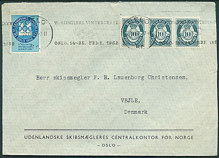 10 øre Posthorn i 3-stribe og VI Olympiske Vinterleker 1952 mærkat på brev annulleret med TMS Oslo / VI Olympiske Vinterleker Oslo, 14-26. Febr. 1952 d. 27.11.1951 til Vejle, Danmark.