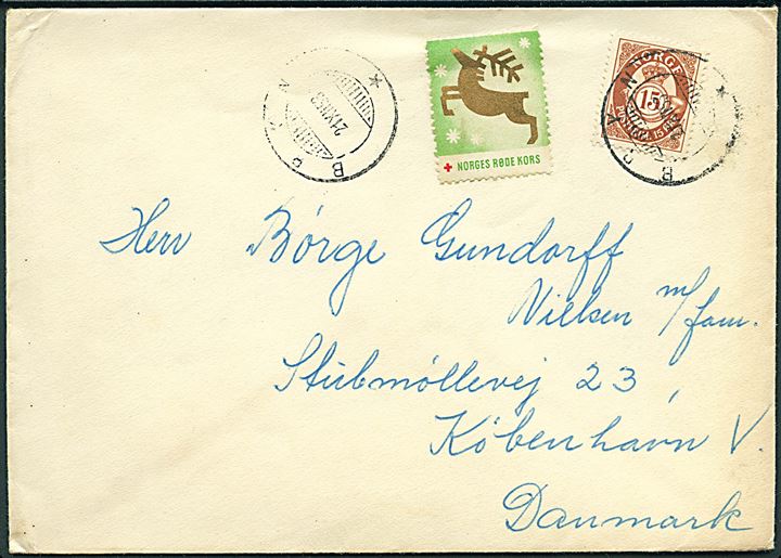 15 øre Posthorn og Norges Røde Kors julemærke på brev annulleret med hjælpestempel Bryn d. 21.12.1953 til København, Danmark.