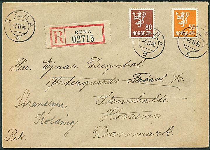 55 øre og 80 øre Løve på anbefalet brev fra Rena d. 4.11.1946 til Stensballe pr. Horsens, Danmark - eftersendt til Kolding.