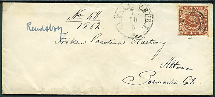 4 sk. 1858 udg. på brev annulleret med svagt nr.stempel 192 og sidestemplet antiqua Slesv.P.SP.BUR.I. d. 10.5.1862 til Altona.