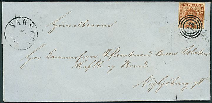 4 sk. 1858 udg. på brev annulleret med nr.stempel 43 og sidestemplet antiqua Nakskov med svagt dato til Nykøbing F.