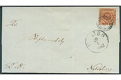4 sk. 1858 udg. på brev annulleret med nr.stempel 41 og sidestemplet antiqua Maribo d. 20.4.1862 til Nykjøbing F.