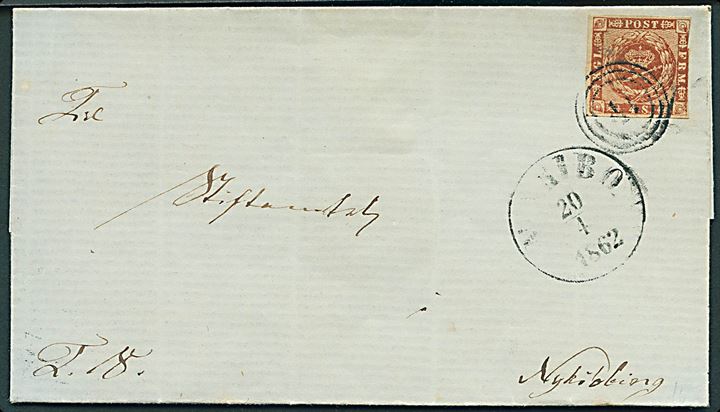 4 sk. 1858 udg. på brev annulleret med nr.stempel 41 og sidestemplet antiqua Maribo d. 20.4.1862 til Nykjøbing F.