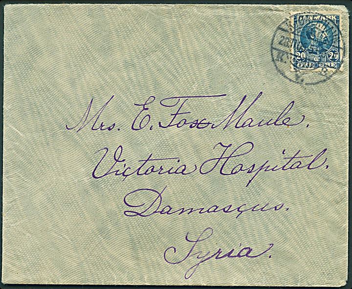 20 øre Chr. IX på brev fra Kjøbenhavn d. 28.11.1906 til Damaskus, Syrien.