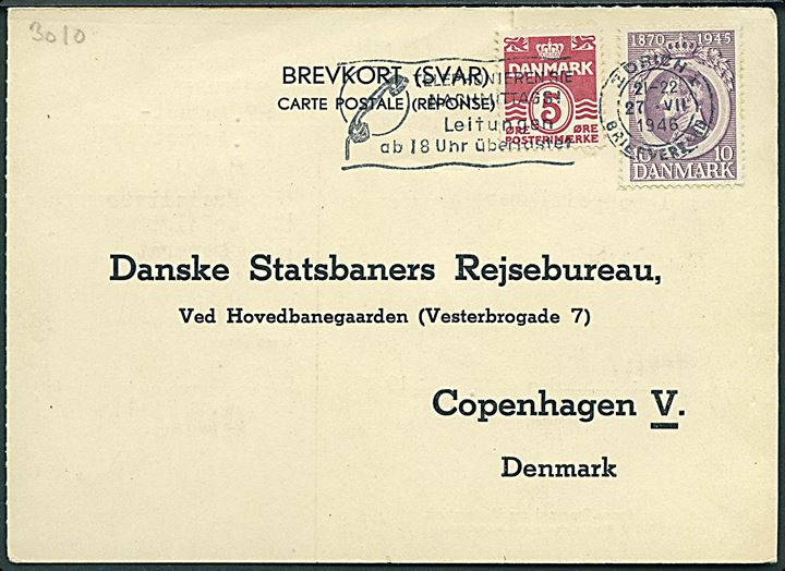 5 øre Bølgelinie og 10 øre Chr. X 75 år på svarbrevkort annulleret med schweizisk stempel i Zürich d. 27.7.1946 til København, Danmark. 