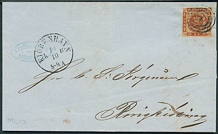 4 sk. 1858 udg. på brev annulleret med nr.stempel 1 og sidestemplet antiqua Kiøbenhavn d. 10.10.1863 til Ringkjøbing.
