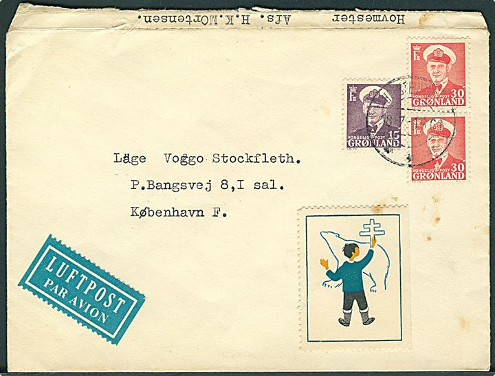 15 øre og 30 øre (par) Fr. IX på luftpostbrev fra Holsteinsborg d. 18.7.1961 til København, Danmark. Fra sømand ombord på M/S Christel Herring.