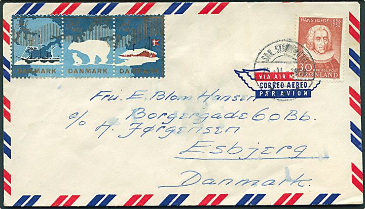 30 øre Hans Egede på luftpostbrev fra Sdr. Strømfjord d. 25.11.1959 til Esbjerg, Danmark. Fra O/Sgt. ved Luftgruppe Vest, Narssarssuaq Air Base.