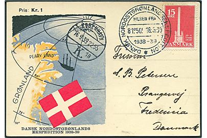 15 øre Stavnsbåndet på ekspeditionsbrevkort stemplet Nordostgrønlandsekspedition d. 18.5.1939 via København d. 16.9.1939 til Fredericia, Danmark.