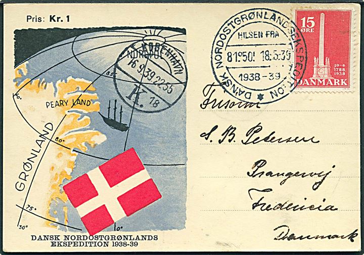 15 øre Stavnsbåndet på ekspeditionsbrevkort stemplet Nordostgrønlandsekspedition d. 18.5.1939 via København d. 16.9.1939 til Fredericia, Danmark.