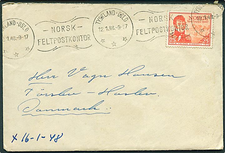 25 øre Postjubilæum på brev annulleret med TMS Tyskland-Oslo/Norsk Feltpostkontor d. 12.1.1948 til Haslev, Danmark. Sendt fra norsk soldat ved Brig 472 i Goslar, Tyskland.