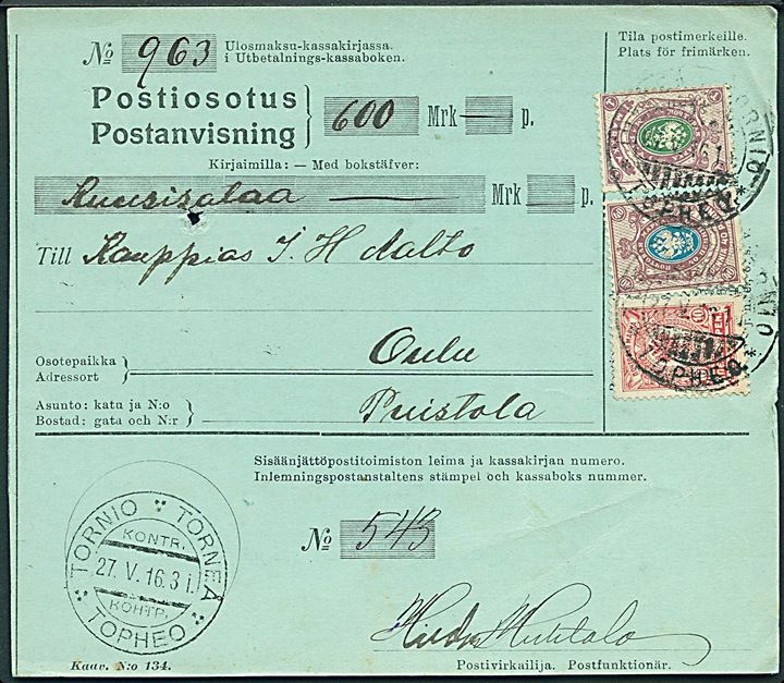 10 pen., 40 pen. og 1 mk. Våben på postanvisning annulleret med 3-sproget stempel Torneå d. 27.5.1916 til Oulu.
