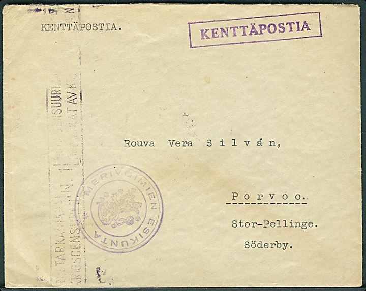 Ufrankeret feltpostbrev med rammestempel Kenttäpostia fra soldat ved KpK 16 (Tampere) via Borgå d. 24.1.1940 til Pellinge. Afd.stempel: Merivoimien Esikunta (= Flåde Hovedkvarter). Censur stempel no. 1. Flådepost fra vinterkrigen er meget sparsomt.