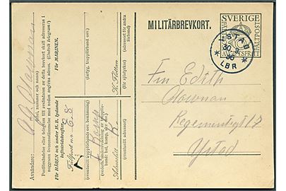 Militärbrevkort stemplet Ystad d. 30.9.1936 til Ystad. Manøvrefeltpost fra Fältpost E.8.