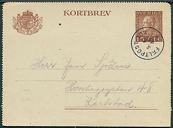 15 öre Gustaf helsagskorrespondancekort stemplet Fältpost 102 d. 5.6.1940 til Karlstad. Fra soldat ved Fältpost 41224 Lit. F.